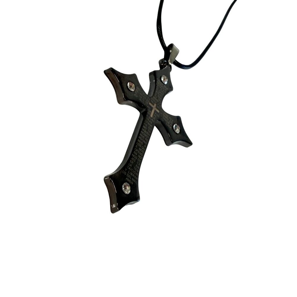 New Black Spanish Lord's Prayer Cross Pendant Necklace Statement Jewelry on Card - Picture 6 of 8
